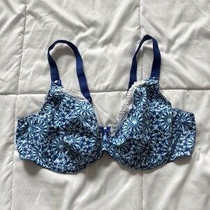 Elomi Tiffany Unlined Bra Womens Size 40E Blue Floral Jeweled Ruby Lace Bow